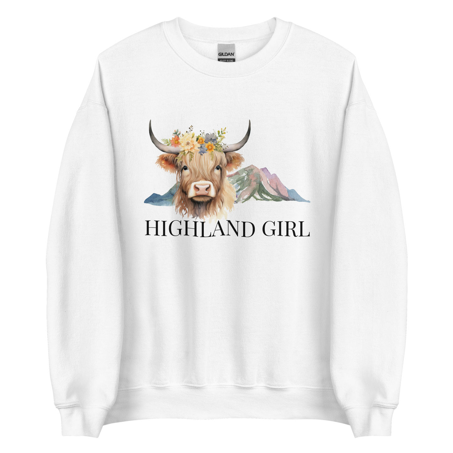 White Highland Cow Sweatshirt featuring an adorable Highland Girl graphic on the chest - Cute Graphic Highland Cow Sweatshirts - Boozy Fox