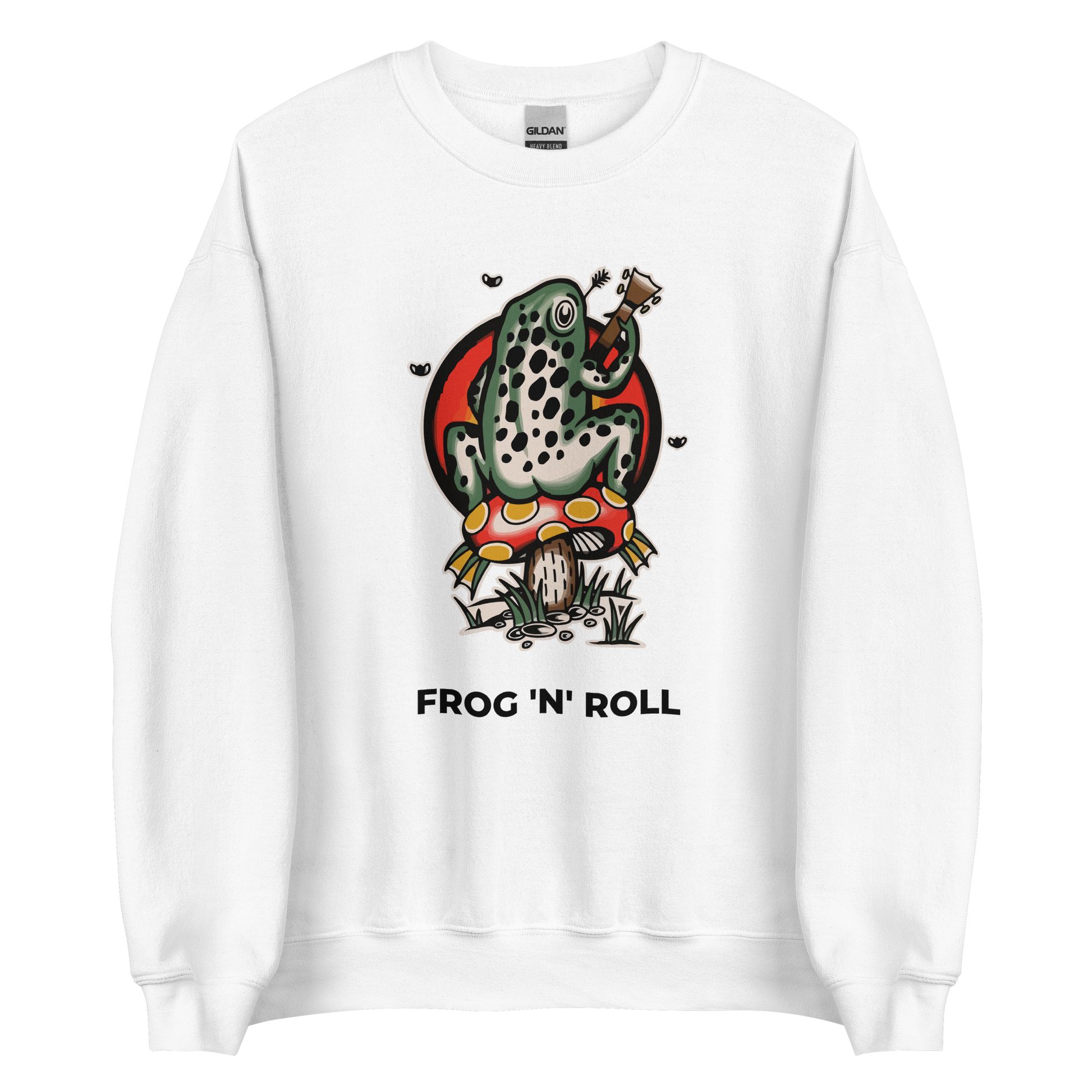 White Frog Sweatshirt featuring the hilarious Frog 'n' Roll graphic on the chest - Funny Graphic Frog Sweatshirts - Boozy Fox