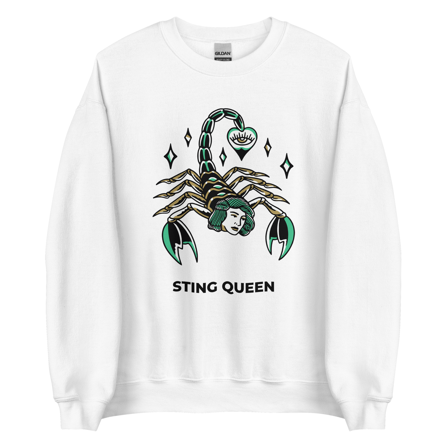 White Scorpion Sweatshirt featuring the Sting Queen graphic on the chest - Cool Graphic Scorpion Sweatshirts - Boozy Fox