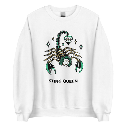 White Scorpion Sweatshirt featuring the Sting Queen graphic on the chest - Cool Graphic Scorpion Sweatshirts - Boozy Fox