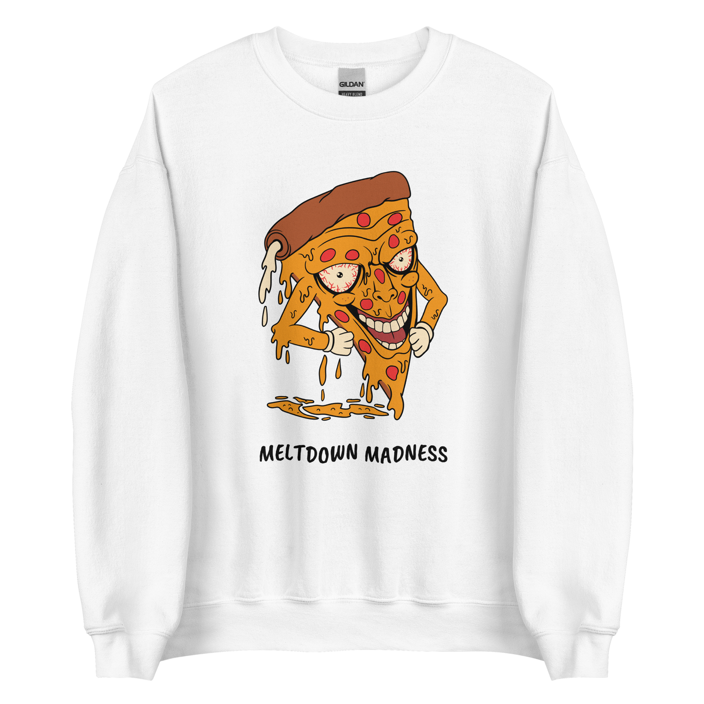 White Melting Pizza Sweatshirt featuring a Meltdown Madness graphic on the chest - Funny Graphic Pizza Sweatshirts - Boozy Fox