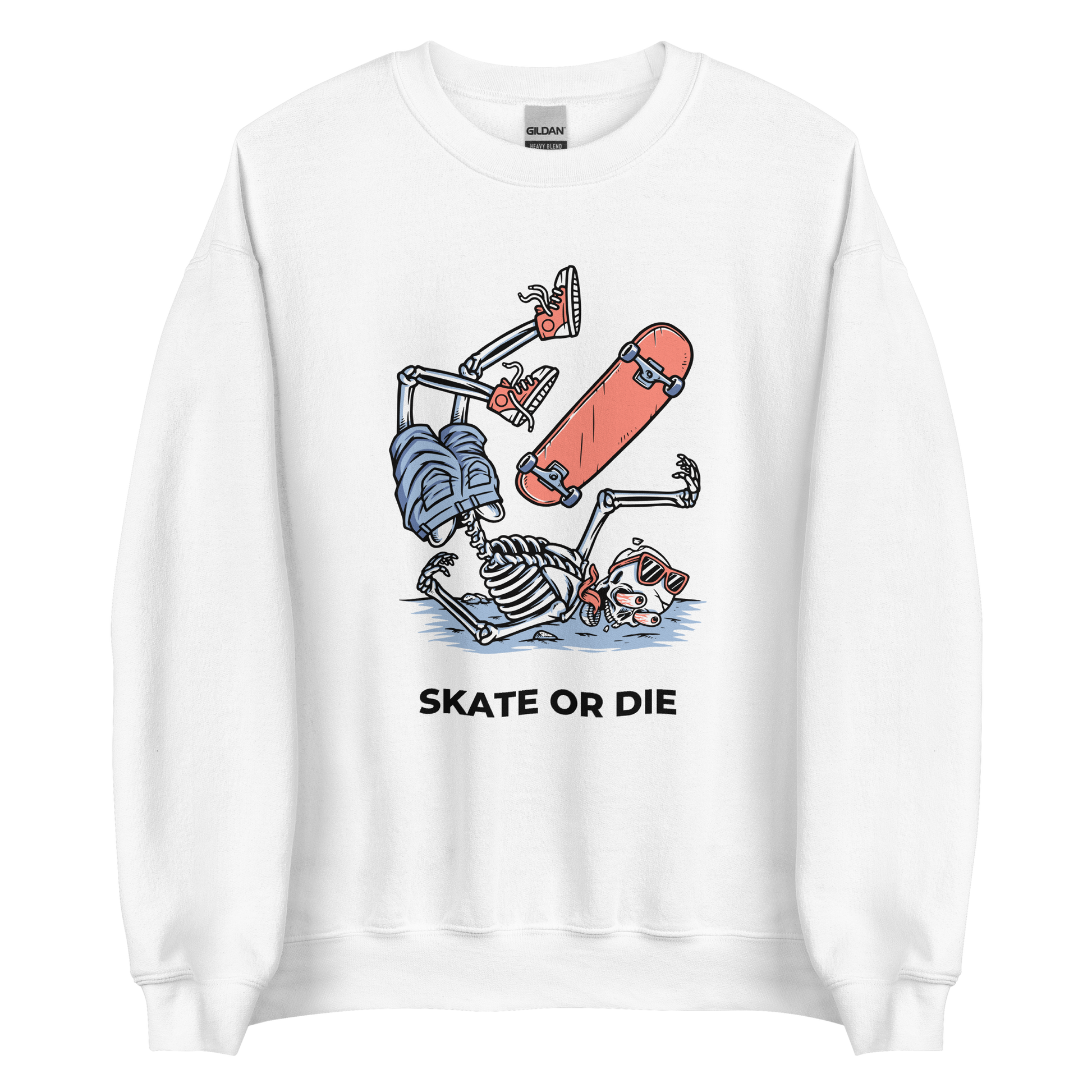 White Skate or Die Sweatshirt featuring a daring Skeleton Falling While Skateboarding graphic on the chest - Cool Graphic Skeleton Sweatshirts - Boozy Fox