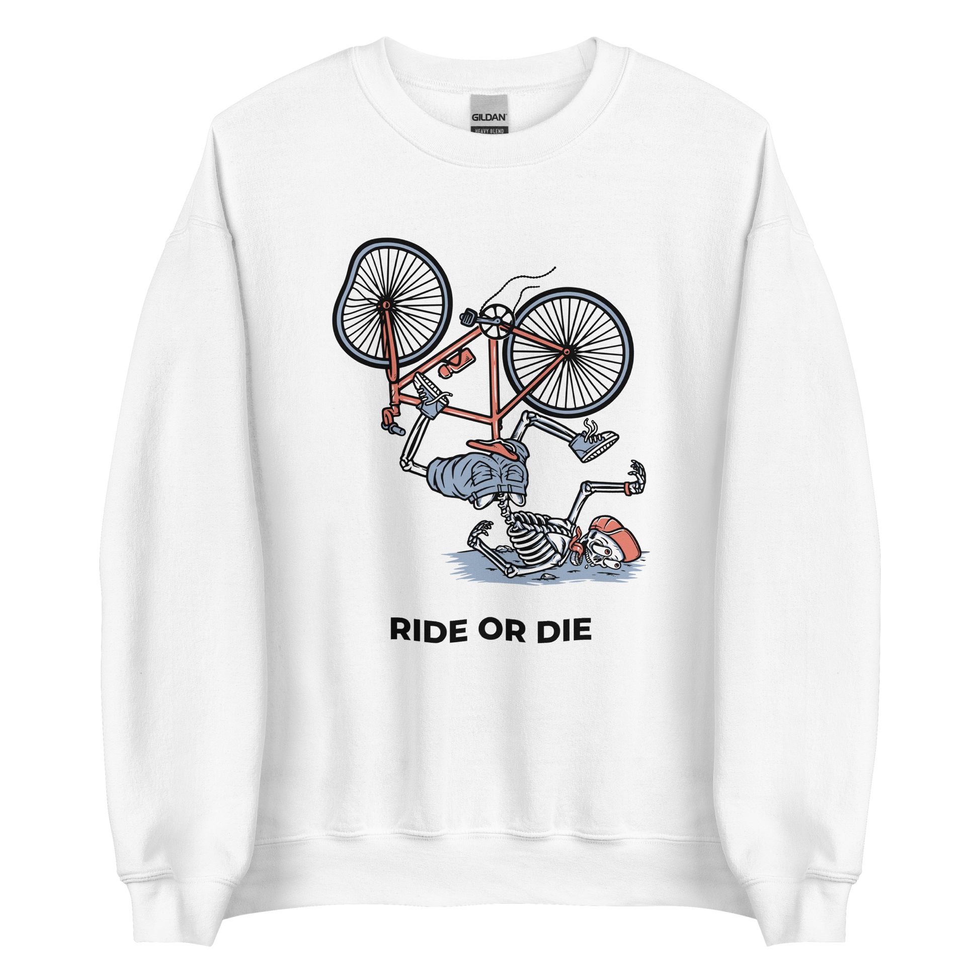 White Ride or Die Sweatshirt featuring a bold Skeleton Falling While Riding a Bicycle graphic on the chest - Funny Graphic Skeleton Sweatshirts - Boozy Fox