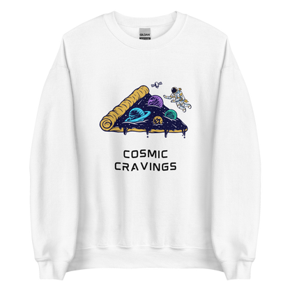 White Cosmic Cravings Sweatshirt featuring an Astronaut Exploring a Pizza Universe graphic on the chest - Funny Graphic Space Sweatshirts - Boozy Fox