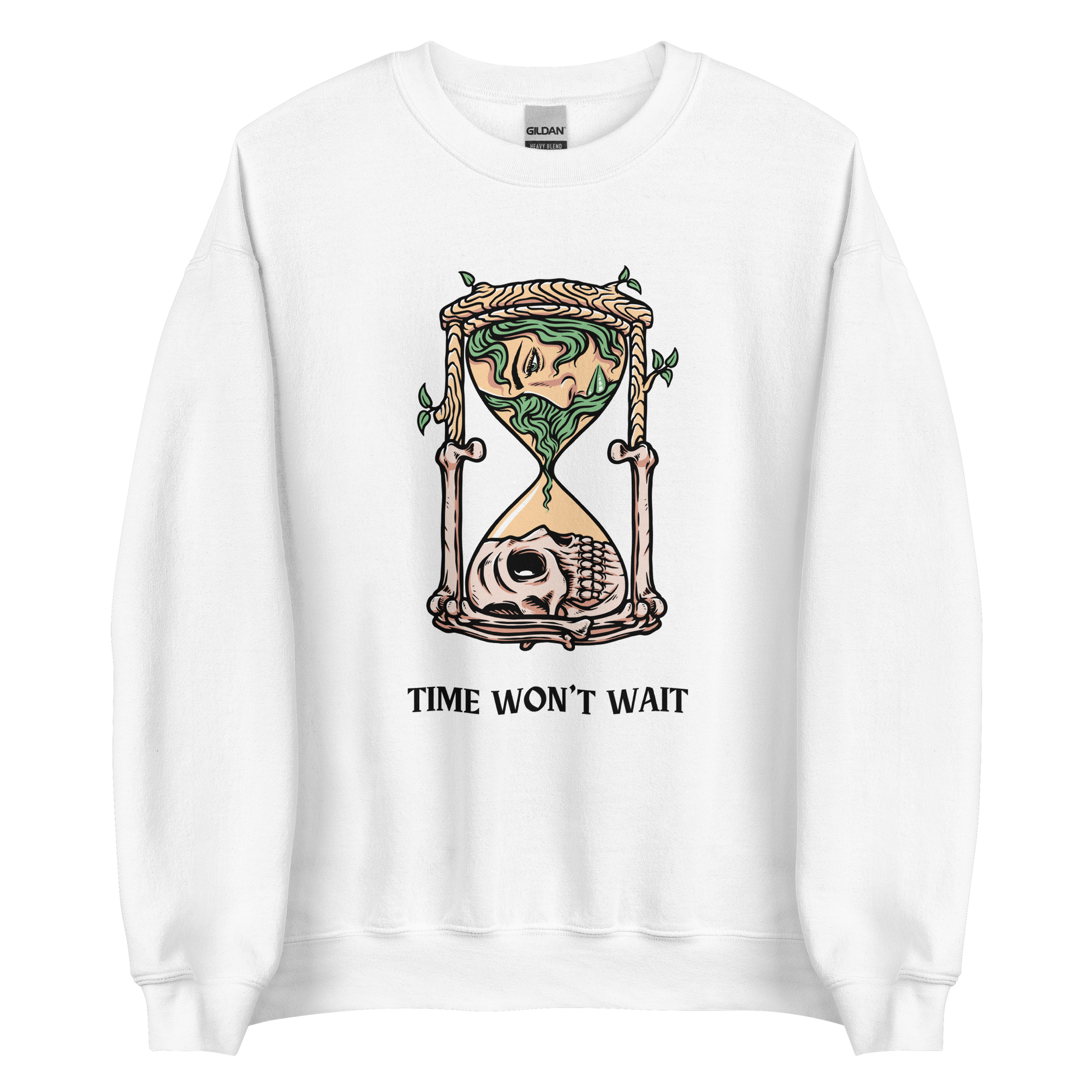 White Hourglass Sweatshirt featuring a captivating Time Won't Wait graphic on the chest - Cool Graphic Hourglass Sweatshirts - Boozy Fox