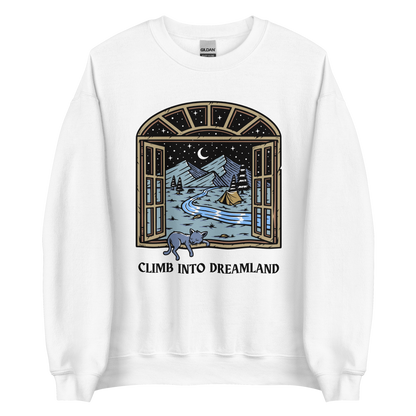 White Climb Into Dreamland Sweatshirt featuring a mesmerizing mountain view graphic on the chest - Cool Graphic Nature Sweatshirts - Boozy Fox