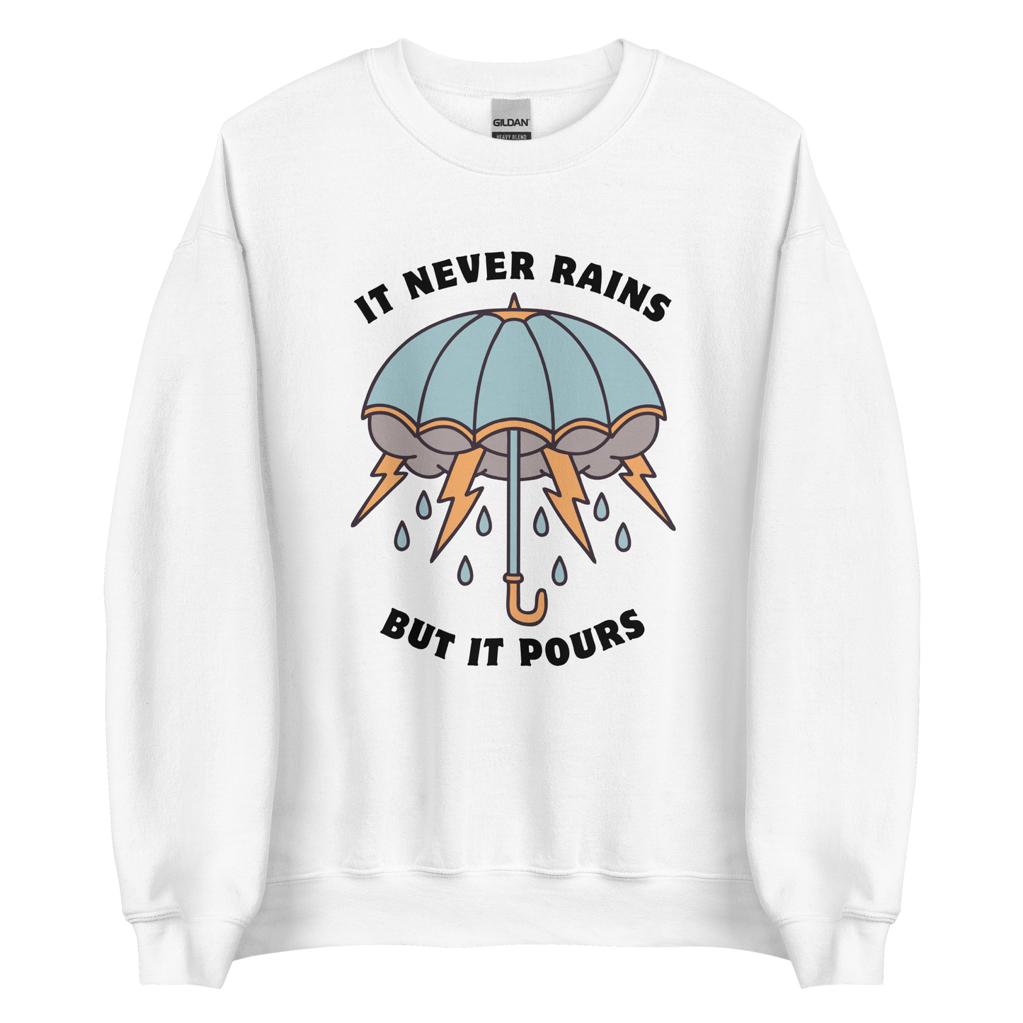 White Umbrella Sweatshirt featuring a unique It Never Rains But It Pours graphic on the chest - Cool Tattoo-Inspired Graphic Umbrella Sweatshirts - Boozy Fox