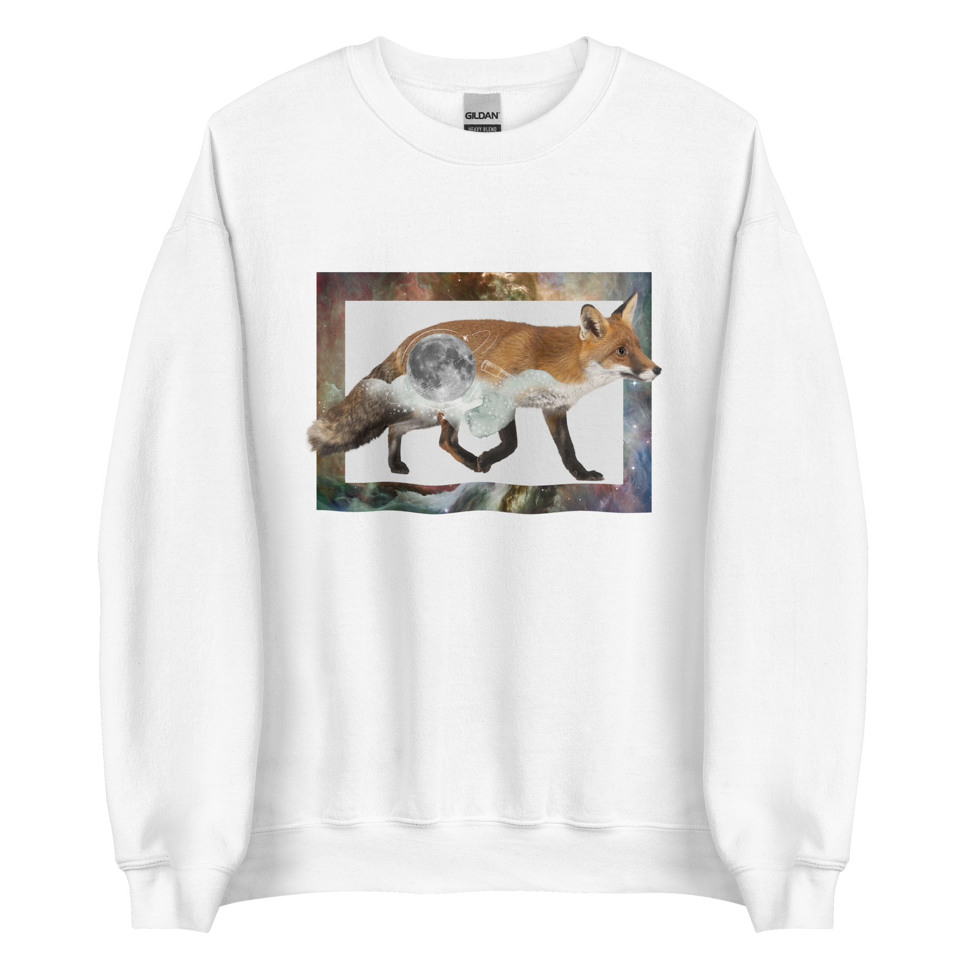 White Fox Sweatshirt featuring an eye-catching Space Fox graphic on the chest - Cool Graphic Fox Sweatshirts - Boozy Fox