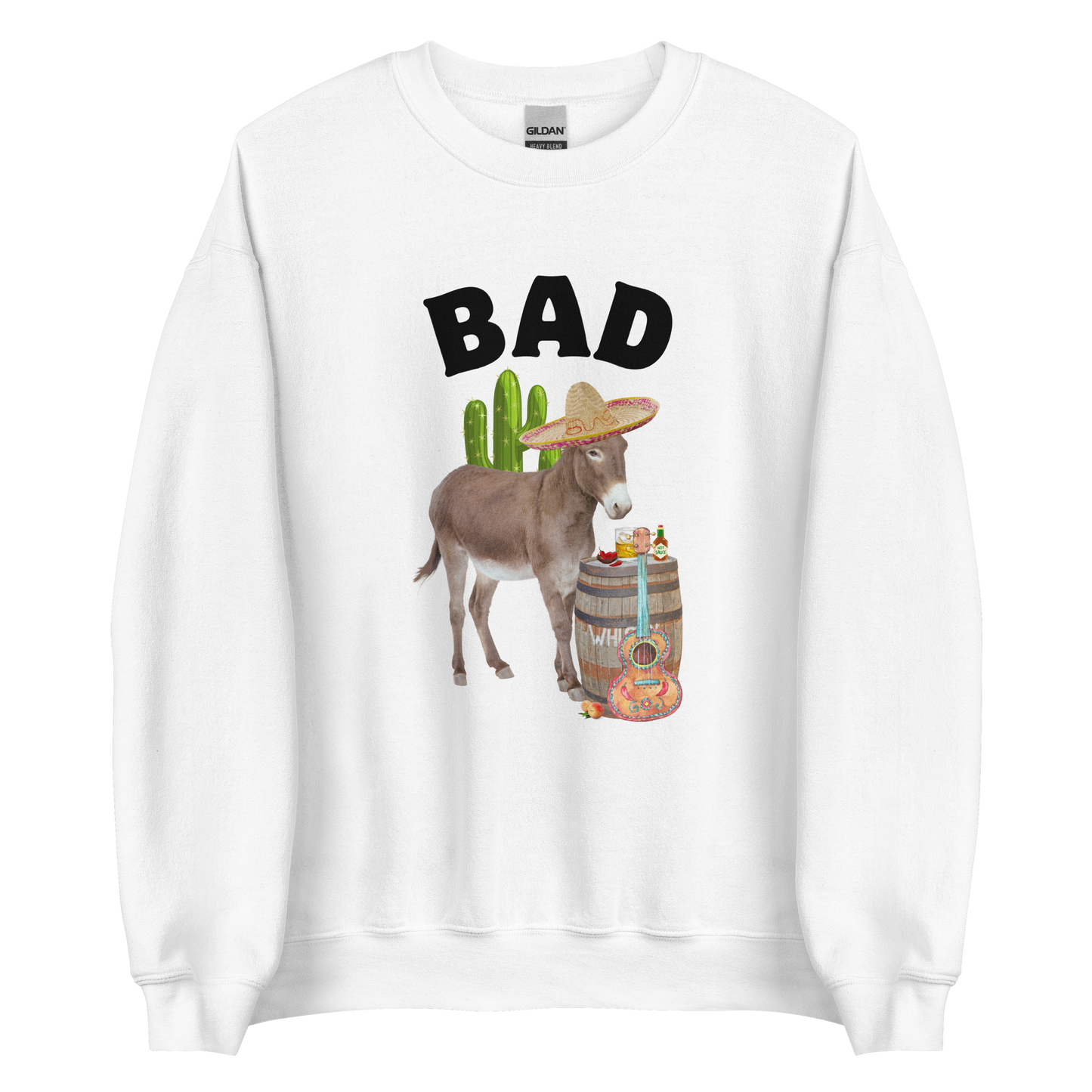 White Donkey Sweatshirt featuring a Funny Bad Ass Donkey graphic on the chest - Funny Graphic Bad Ass Donkey Sweatshirts - Boozy Fox