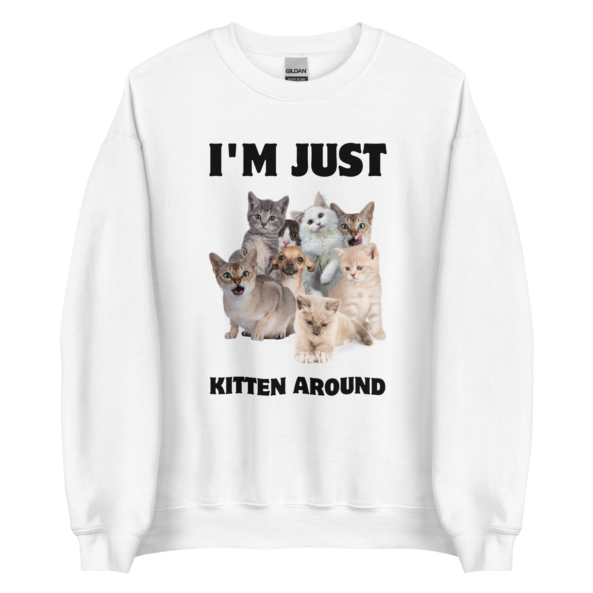 White Cat Sweatshirt featuring an I'm Just Kitten Around graphic on the chest - Funny Graphic Cat Sweatshirts - Boozy Fox