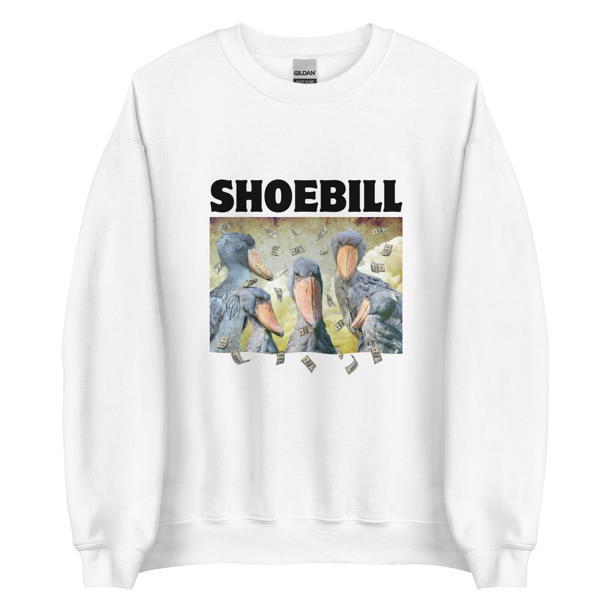 White Shoebill Sweatshirt featuring a cool Shoebill graphic on the chest - Artsy/Funny Graphic Shoebill Stork Sweatshirts - Boozy Fox
