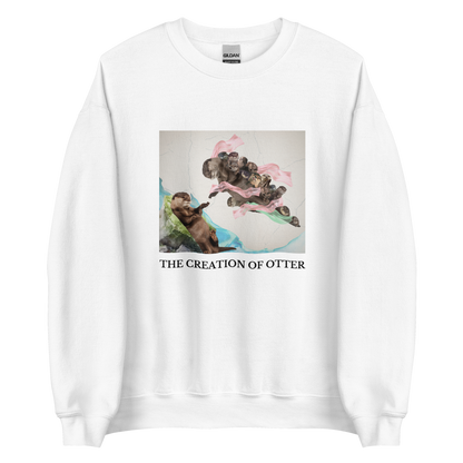 White Otter Sweatshirt featuring a playful The Creation of Otter parody of Michelangelo's masterpiece - Artsy/Funny Graphic Otter Sweatshirts - Boozy Fox