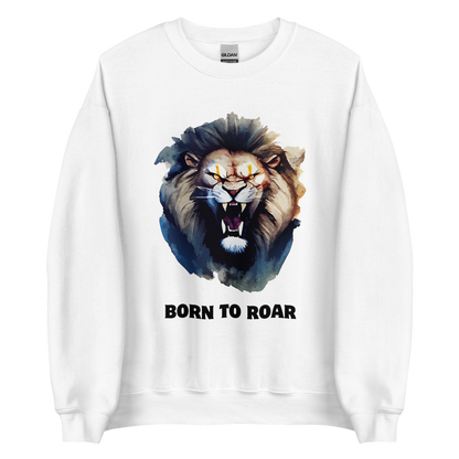 Funny Born to Roar Lion graphic sweatshirt in White by Boozy Fox