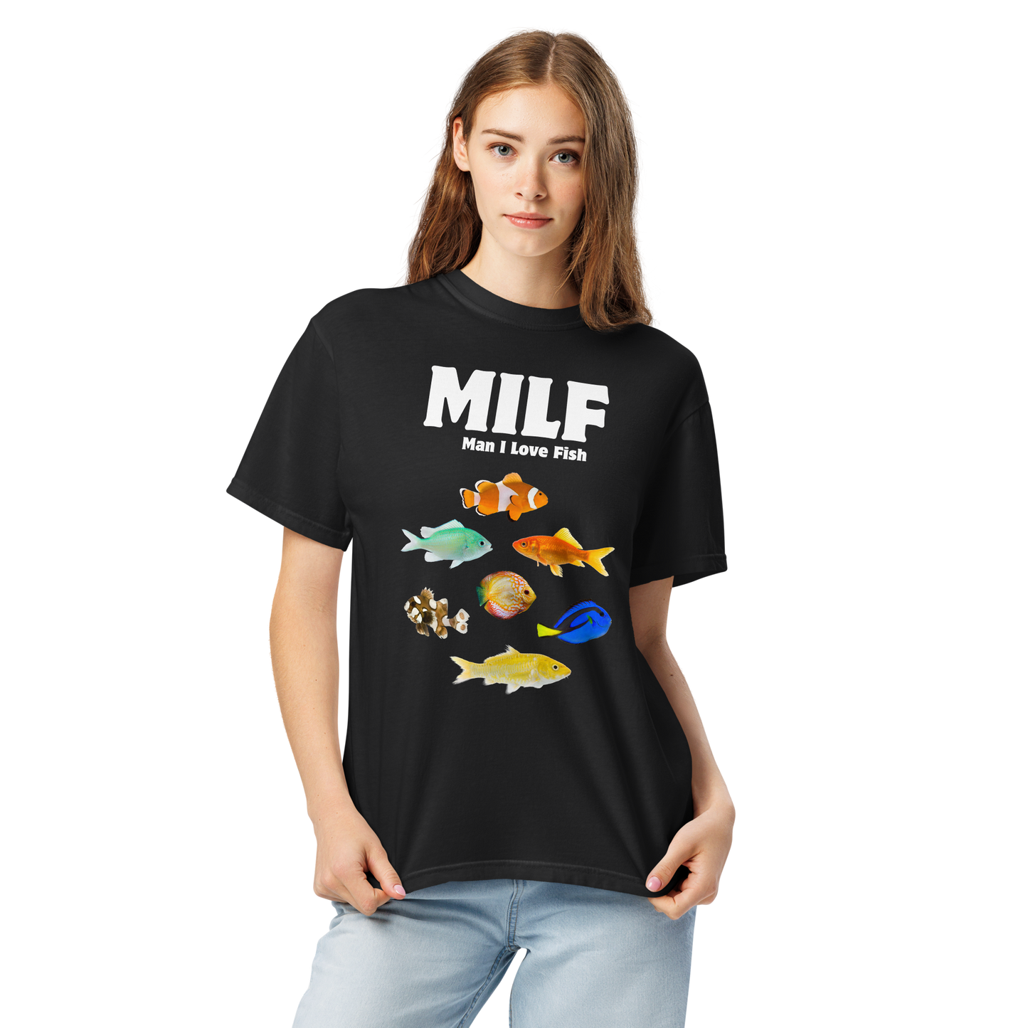 Woman wearing a black Man I Love Fish Heavyweight T-Shirt - Boozy Fox