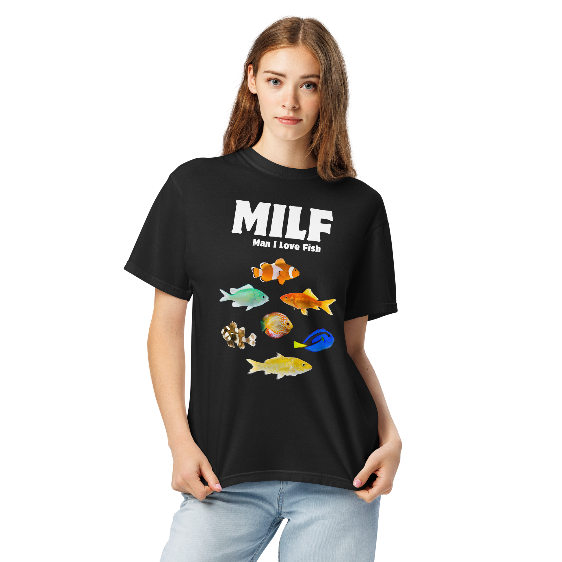 Woman wearing a black Man I Love Fish Heavyweight T-Shirt - Boozy Fox