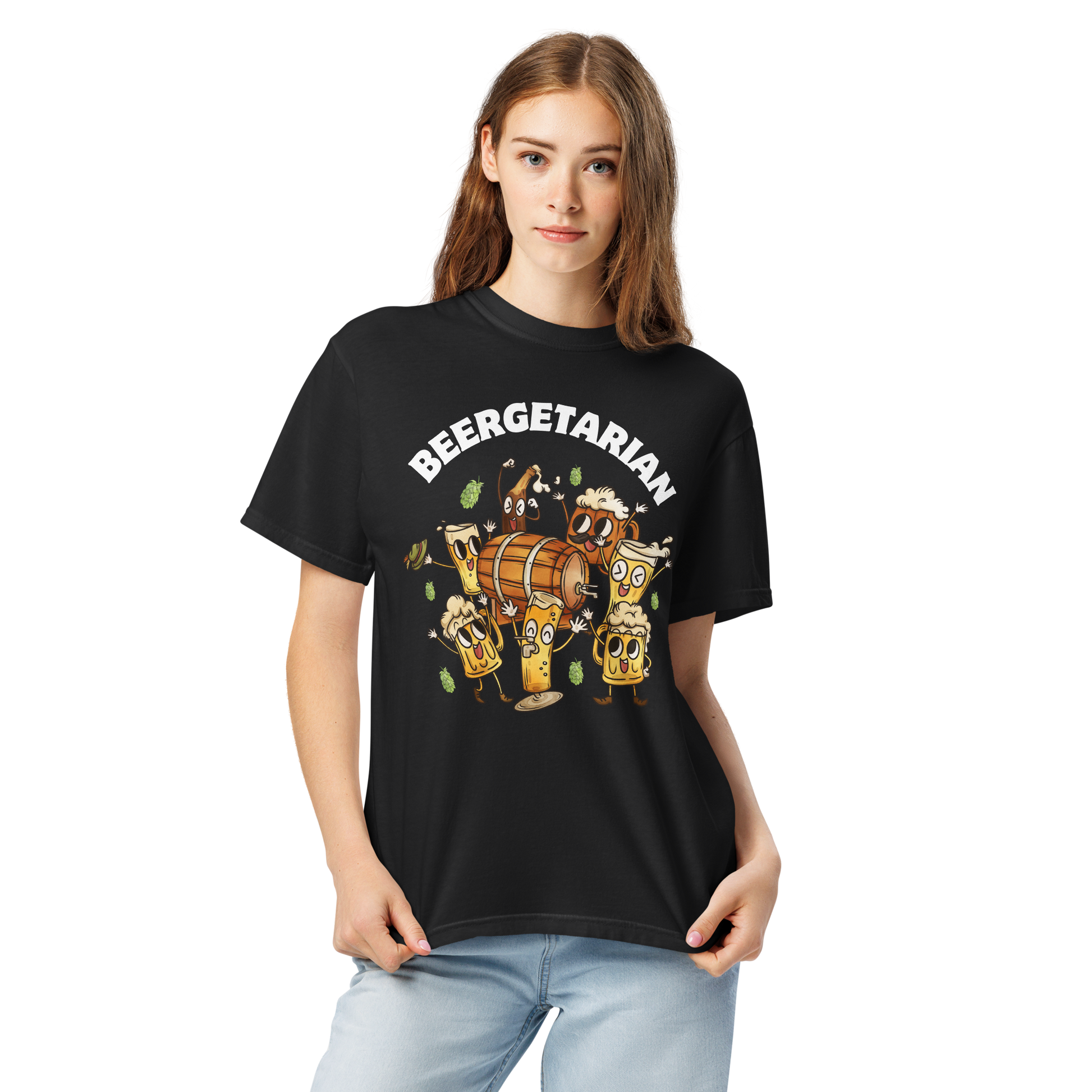 Woman wearing a black Beergetarian Beer Heavyweight T-Shirt - Boozy Fox