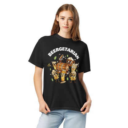 Woman wearing a black Beergetarian Beer Heavyweight T-Shirt - Boozy Fox