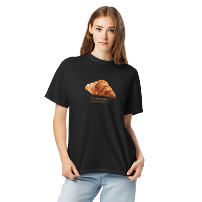 Woman wearing a Funny Le Croissant heavyweight graphic t-shirt in black by Boozy Fox