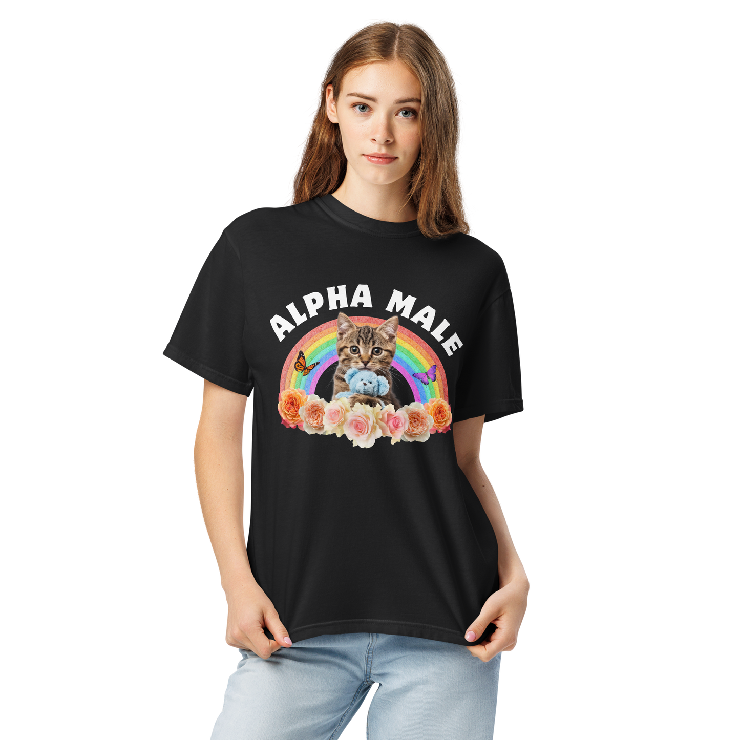 Woman wearing a Funny Alpha Male Cat rainbow roses heavyweight graphic t-shirt in black by Boozy Fox