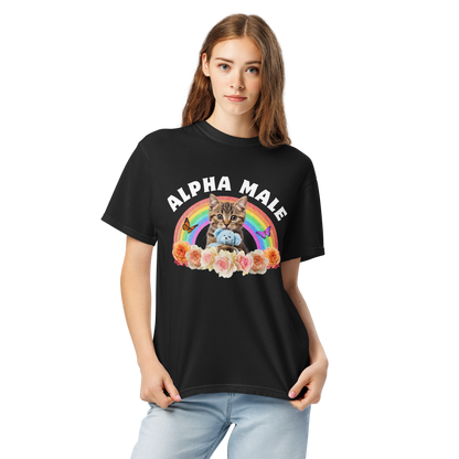 Woman wearing a Funny Alpha Male Cat rainbow roses heavyweight graphic t-shirt in black by Boozy Fox