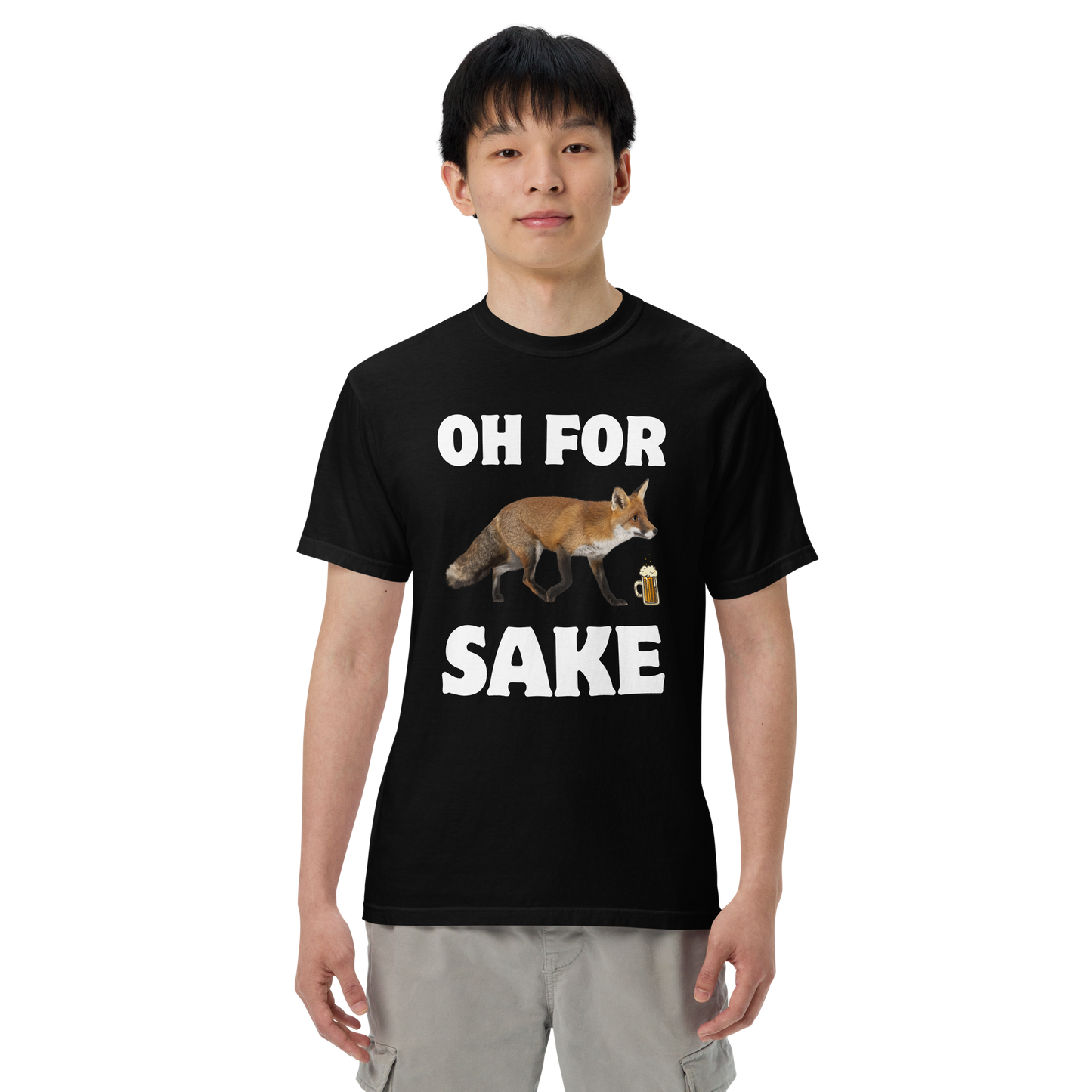 Man wearing a black Oh For Fox Sake Heavyweight T-Shirt - Boozy Fox