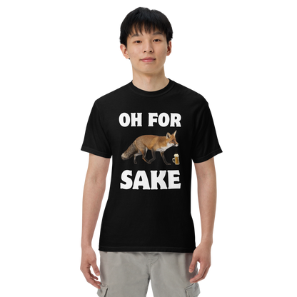 Man wearing a black Oh For Fox Sake Heavyweight T-Shirt - Boozy Fox