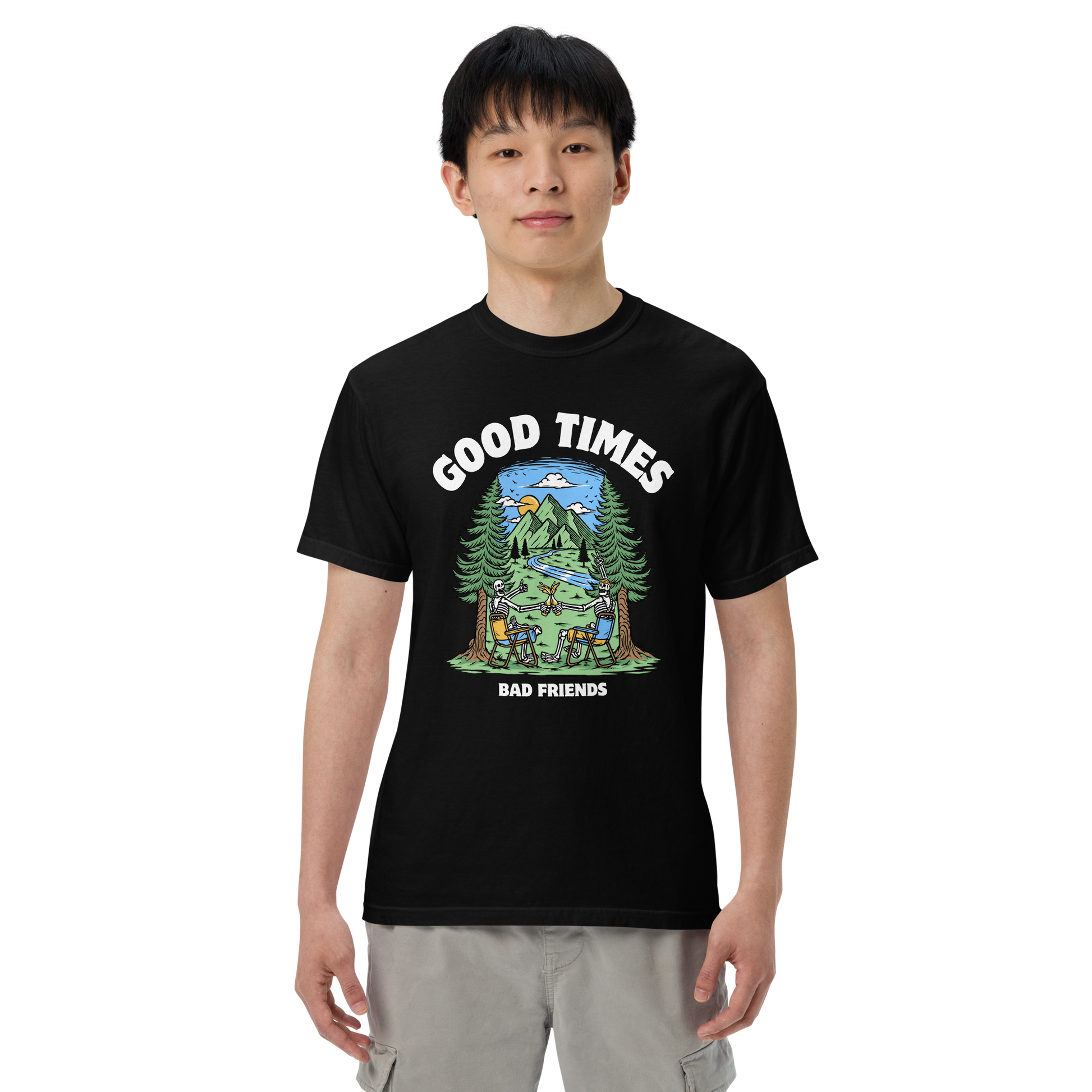 Man wearing a black Good Times Bad Friends Heavyweight T-Shirt - Boozy Fox