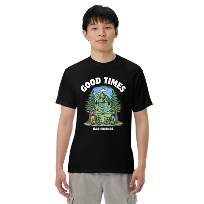 Man wearing a black Good Times Bad Friends Heavyweight T-Shirt - Boozy Fox