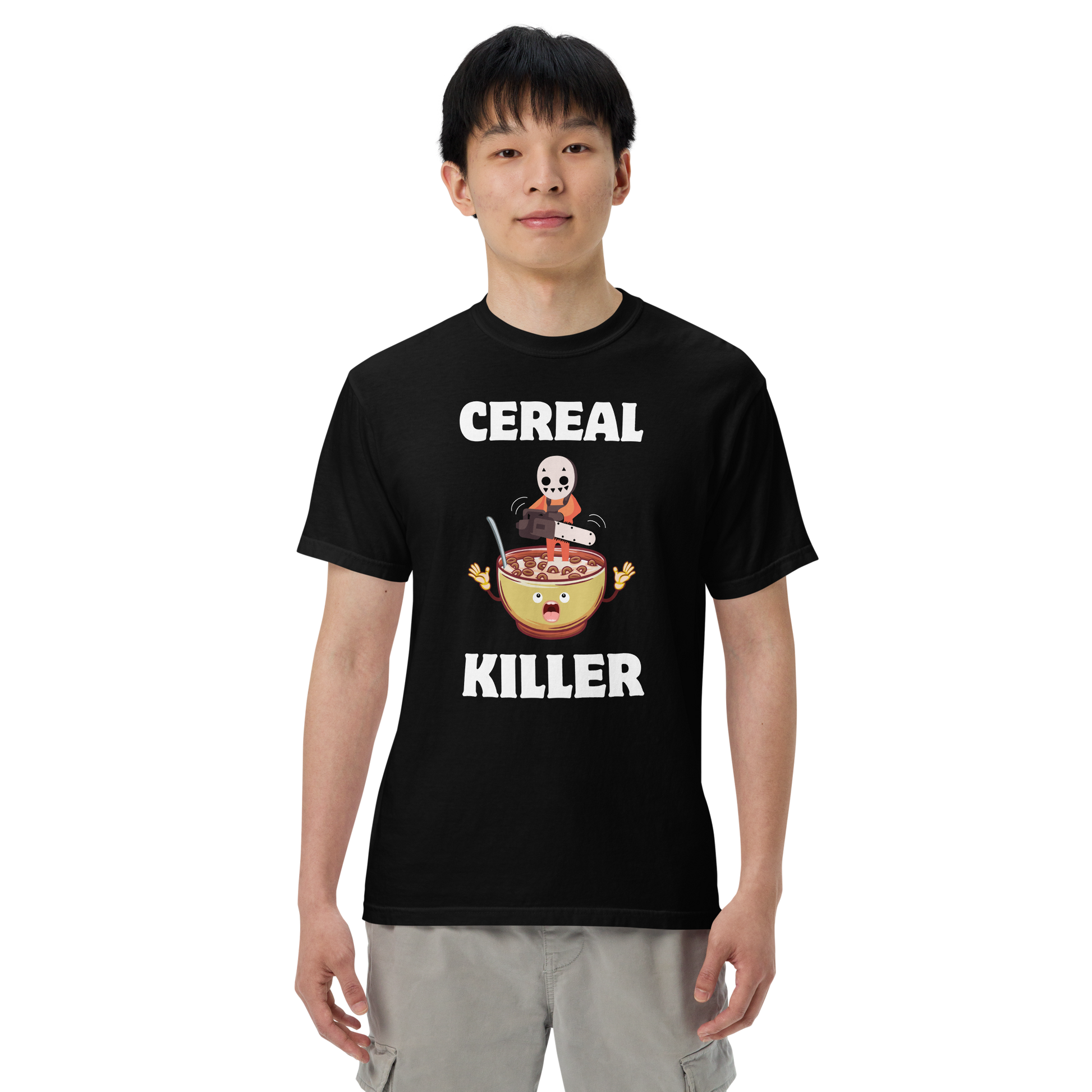 Man wearing a black Cereal Killer Heavyweight T-Shirt - Boozy Fox