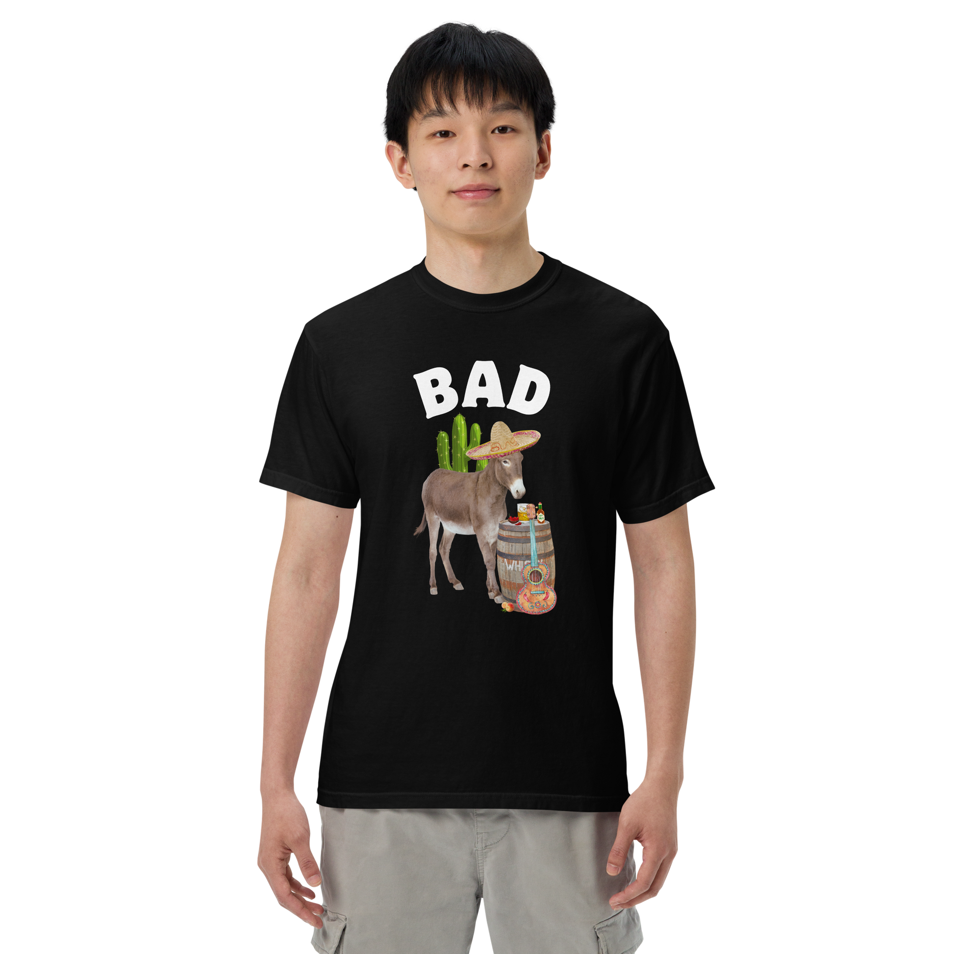 Man wearing a black Bad Ass Donkey Heavyweight T-Shirt - Boozy Fox