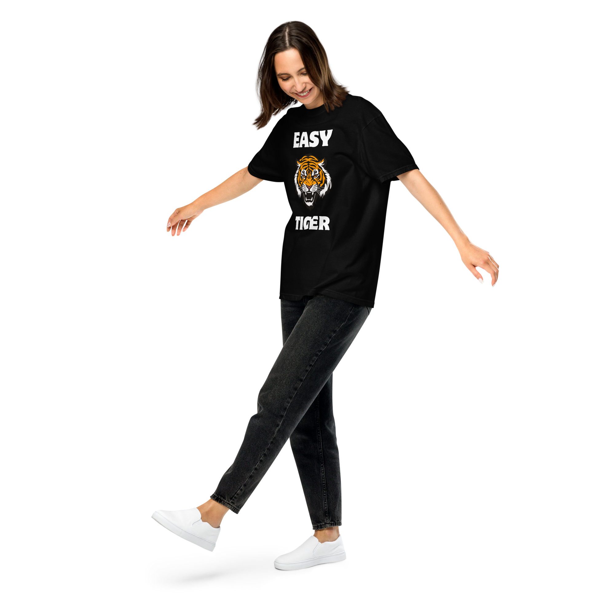 Woman wearing a black Easy Tiger Heavyweight T-Shirt - Boozy Fox