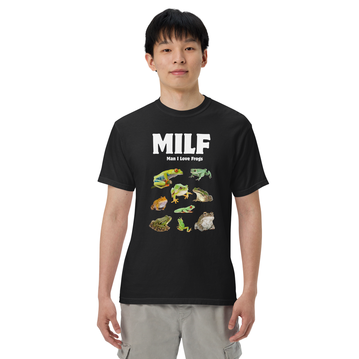 Man wearing a black Man I Love Frogs Heavyweight T-Shirt - Boozy Fox