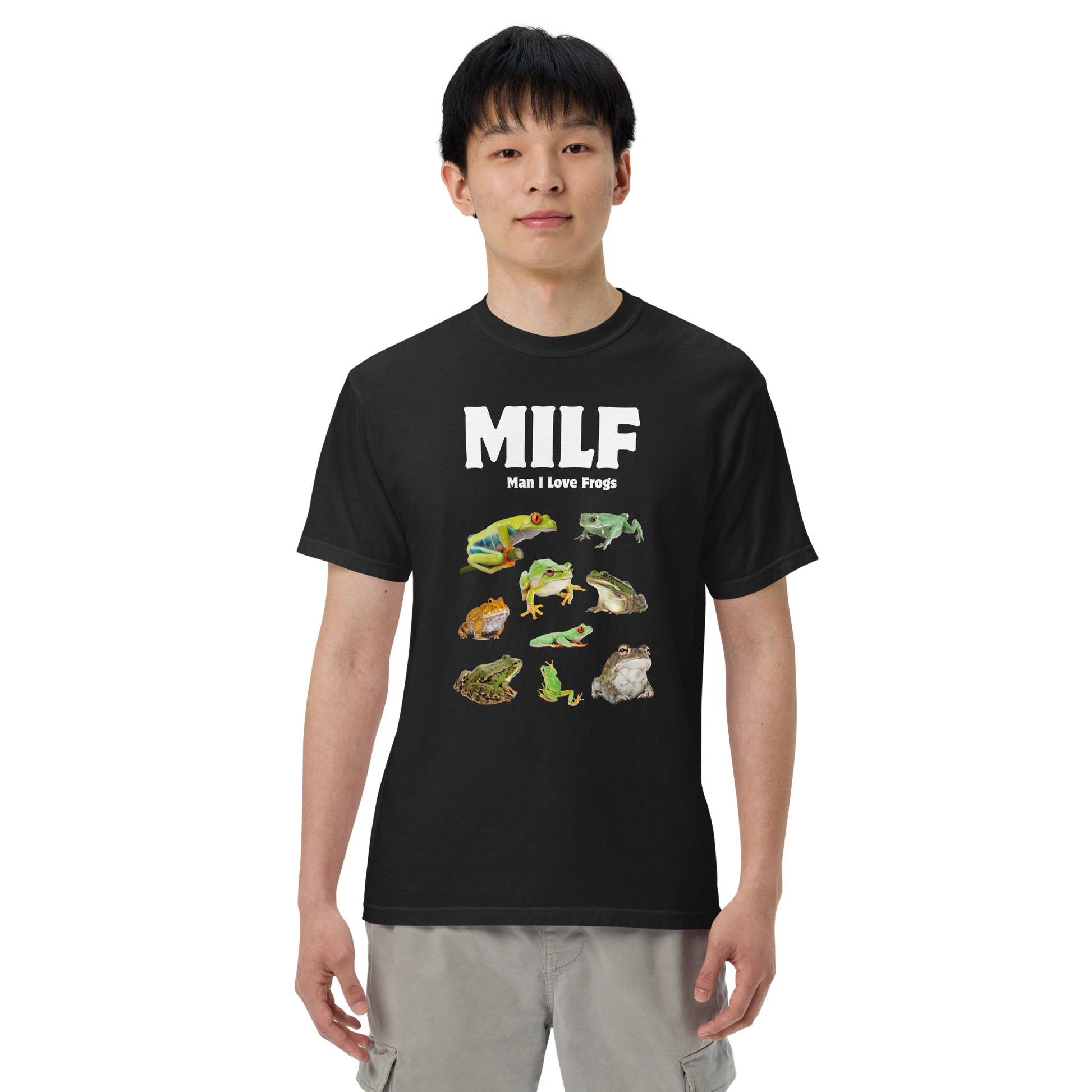 Man wearing a black Man I Love Frogs Heavyweight T-Shirt - Boozy Fox