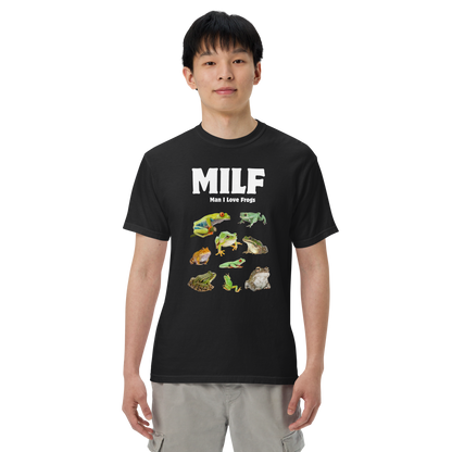 Man wearing a black Man I Love Frogs Heavyweight T-Shirt - Boozy Fox