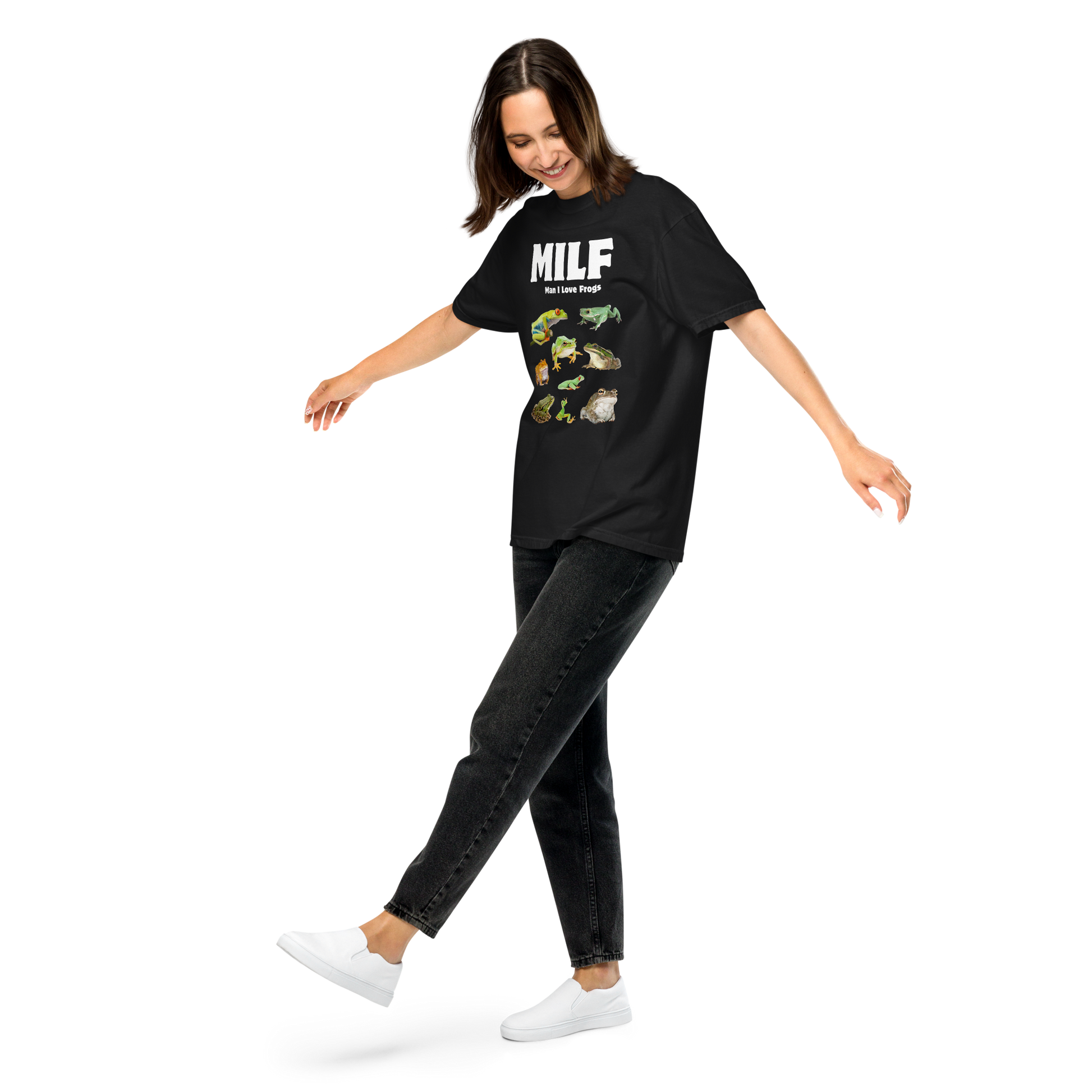 Woman wearing a black Man I Love Frogs Heavyweight T-Shirt - Boozy Fox