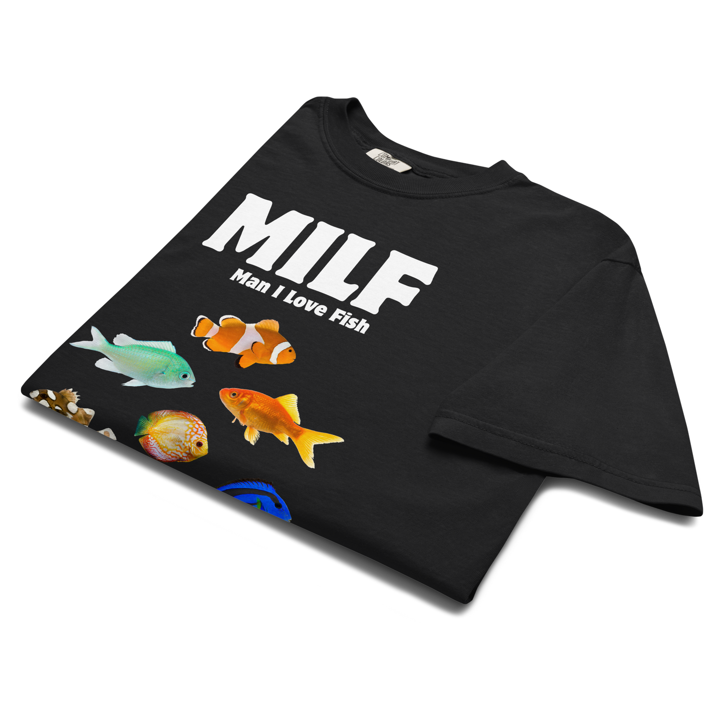 Product details of a black Man I Love Fish Heavyweight T-Shirt - Boozy Fox