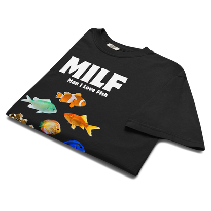 Product details of a black Man I Love Fish Heavyweight T-Shirt - Boozy Fox