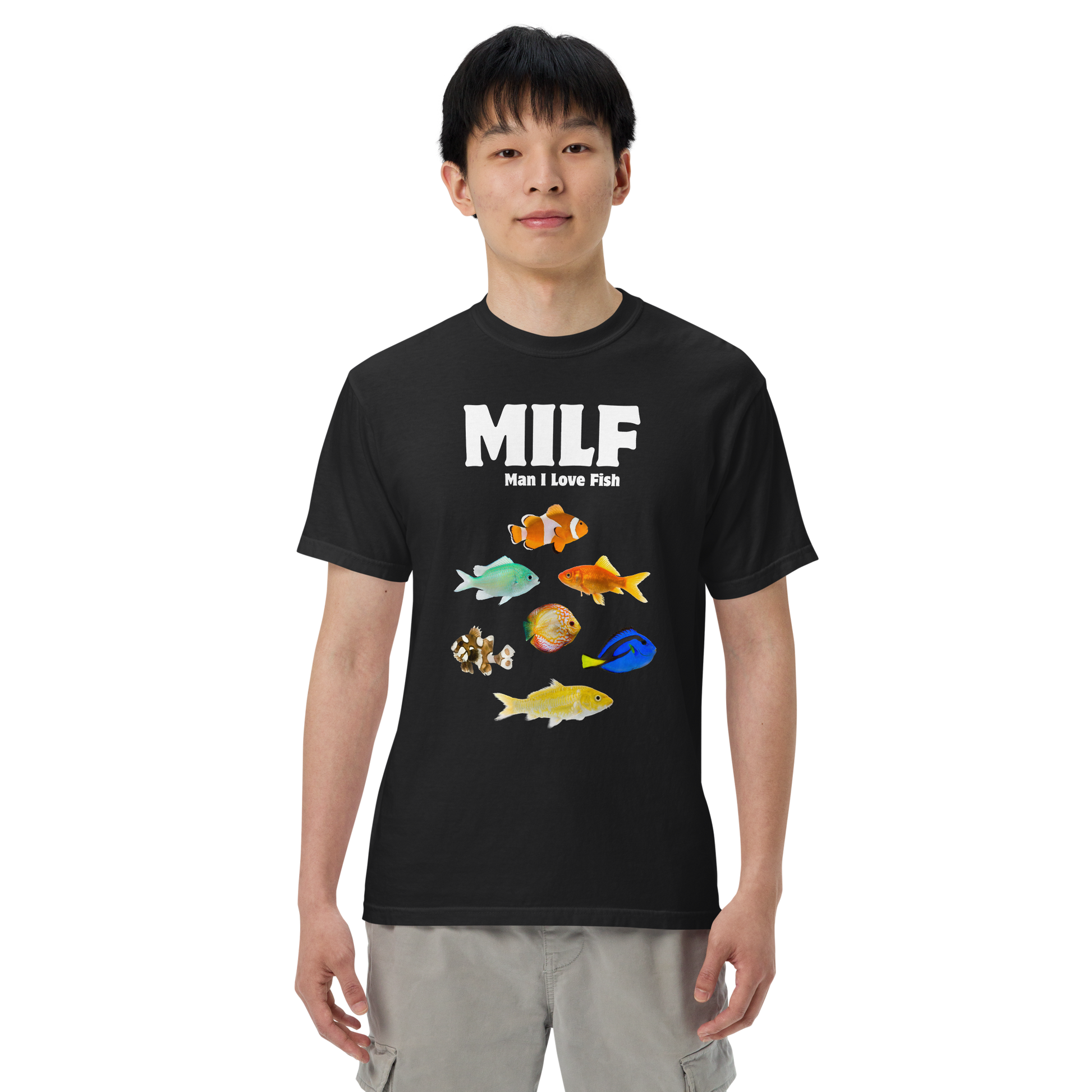 Man wearing a black Man I Love Fish Heavyweight T-Shirt - Boozy Fox