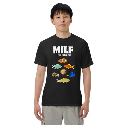 Man wearing a black Man I Love Fish Heavyweight T-Shirt - Boozy Fox