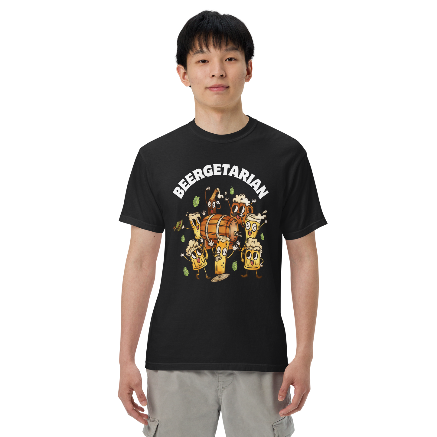 Man wearing a black Beergetarian Beer Heavyweight T-Shirt - Boozy Fox