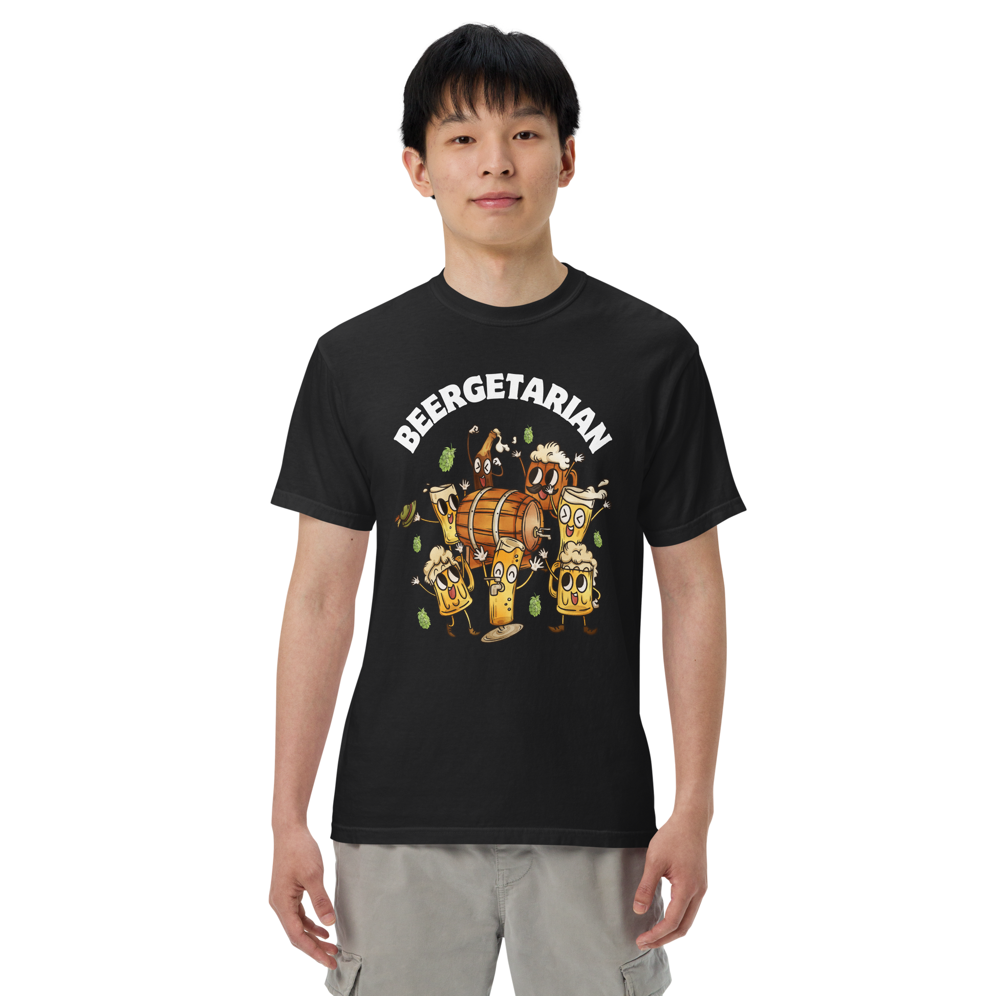 Man wearing a black Beergetarian Beer Heavyweight T-Shirt - Boozy Fox