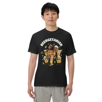 Man wearing a black Beergetarian Beer Heavyweight T-Shirt - Boozy Fox