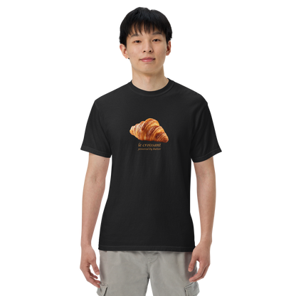 Man wearing a Funny Le Croissant heavyweight graphic t-shirt in black by Boozy Fox