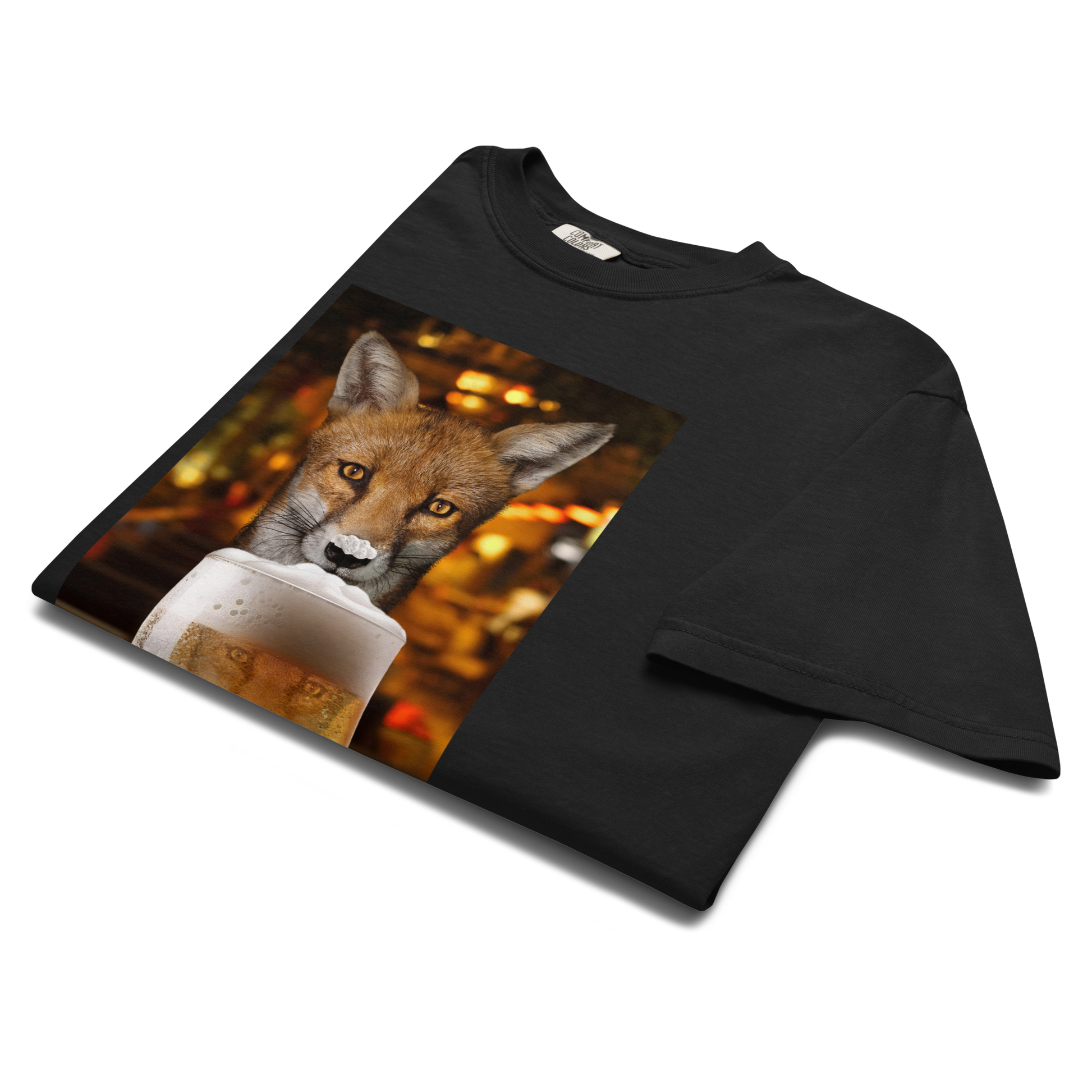 Product details of a Funny Just One More Fox heavyweight graphic t-shirt in black by Boozy Fox