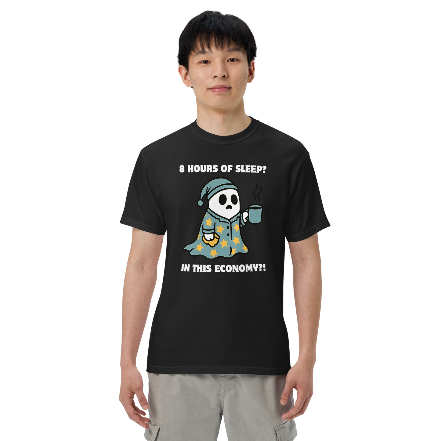 Man wearing a Funny 8 Hours of Sleep? In this economy?! Relatable heavyweight graphic t-shirt in black by Boozy Fox