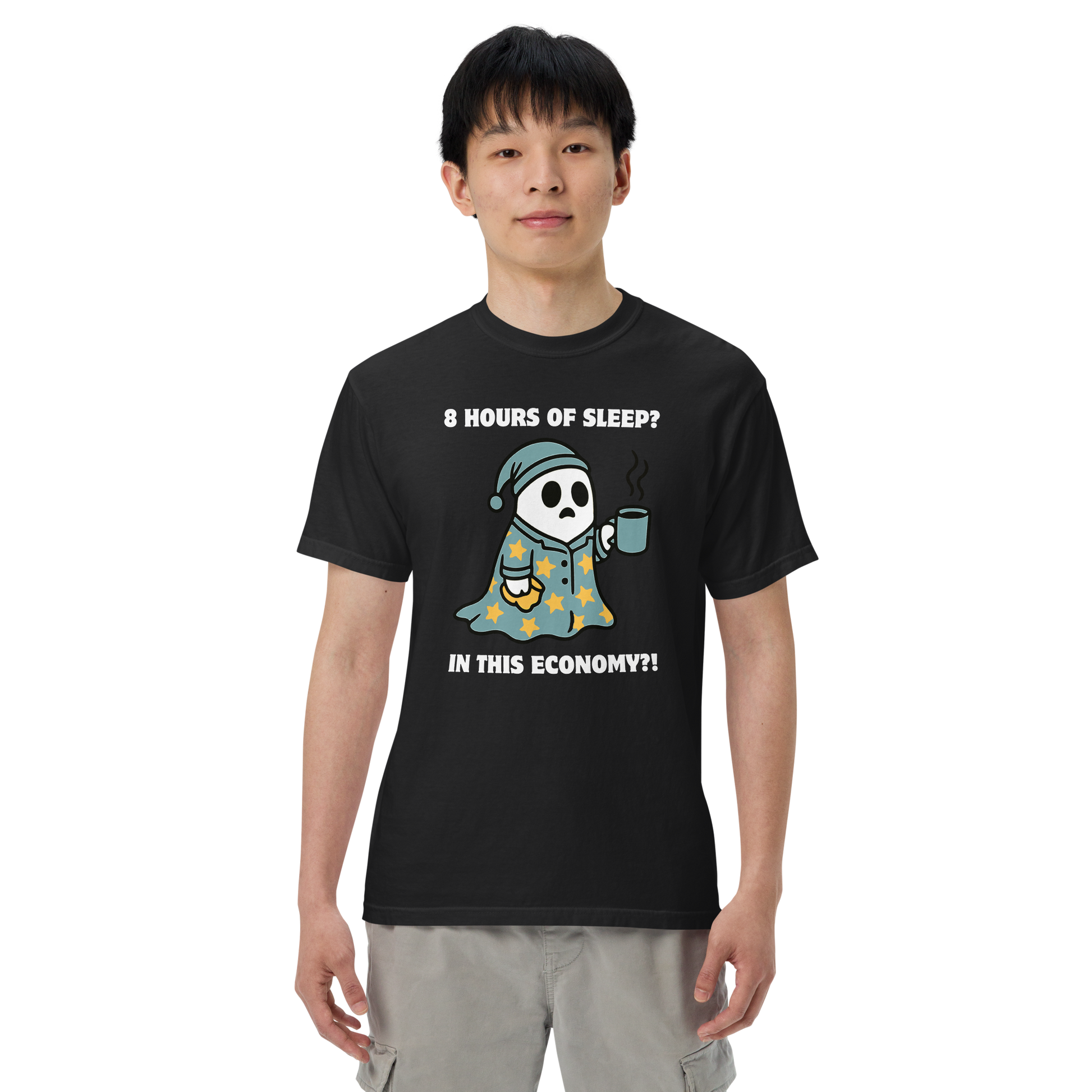 Man wearing a Funny 8 Hours of Sleep? In this economy?! Relatable heavyweight graphic t-shirt in black by Boozy Fox
