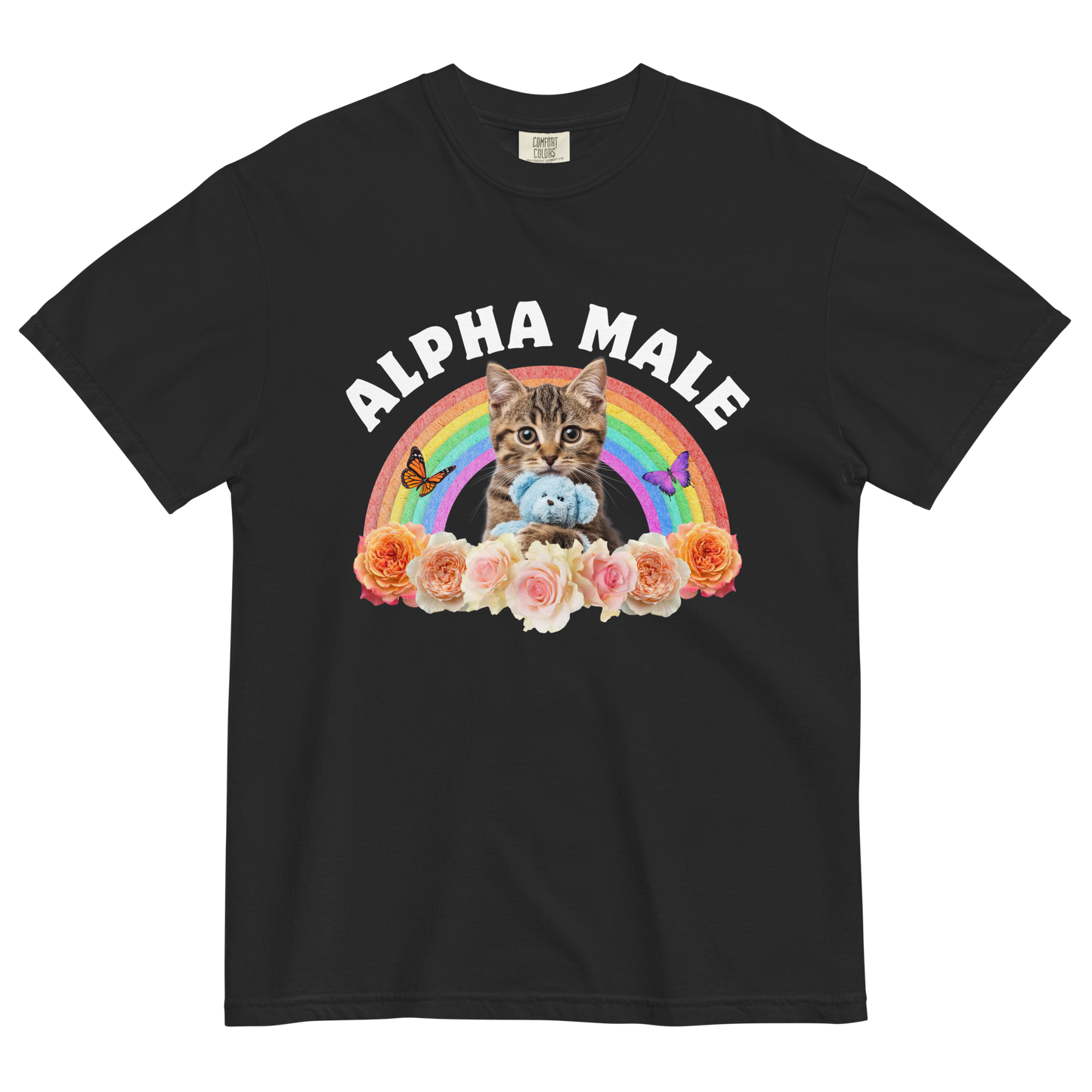 Funny Alpha Male Cat rainbow roses heavyweight graphic t-shirt in black by Boozy Fox