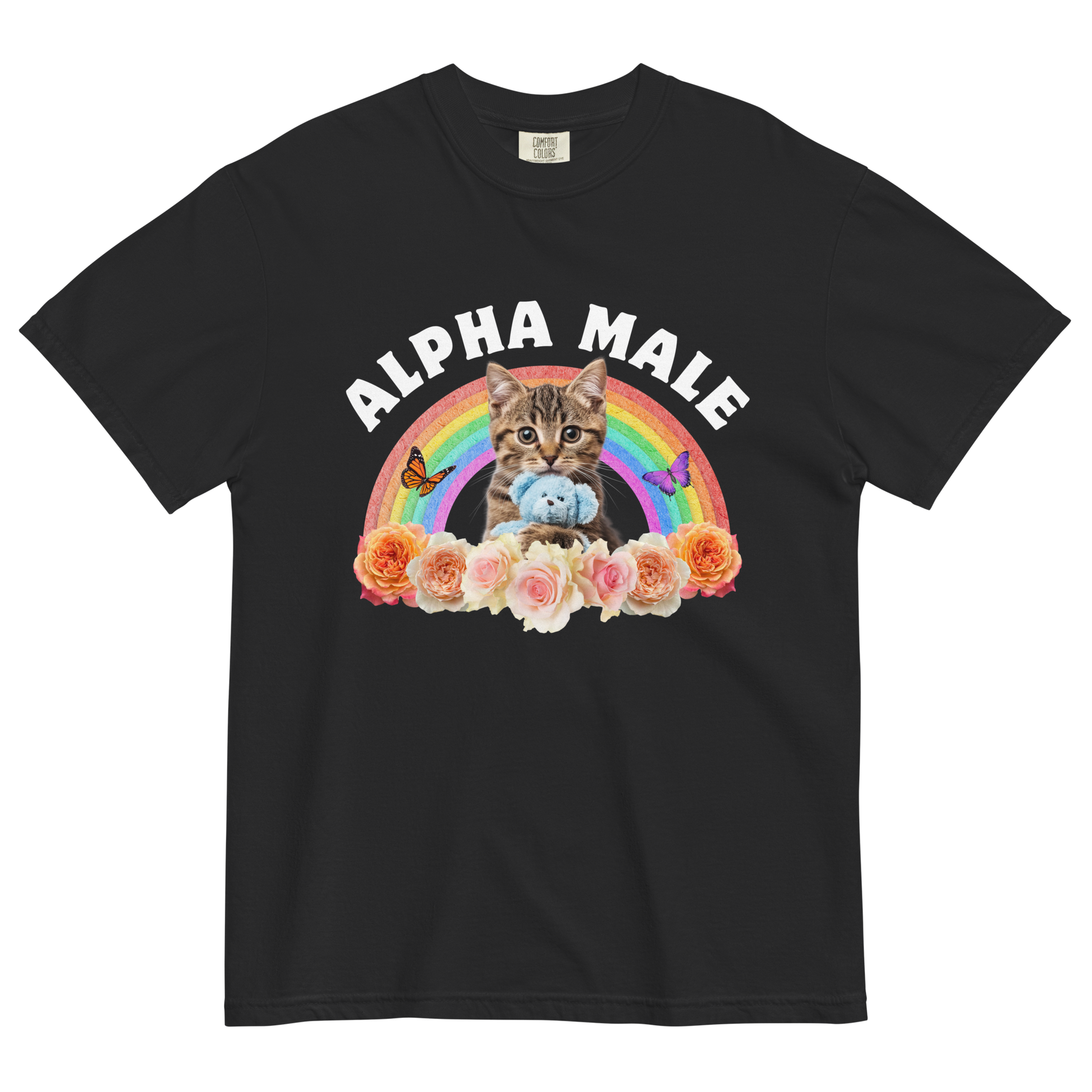 Funny Alpha Male Cat rainbow roses heavyweight graphic t-shirt in black by Boozy Fox
