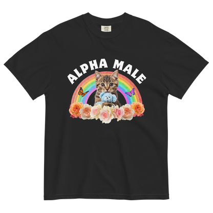 Funny Alpha Male Cat rainbow roses heavyweight graphic t-shirt in black by Boozy Fox