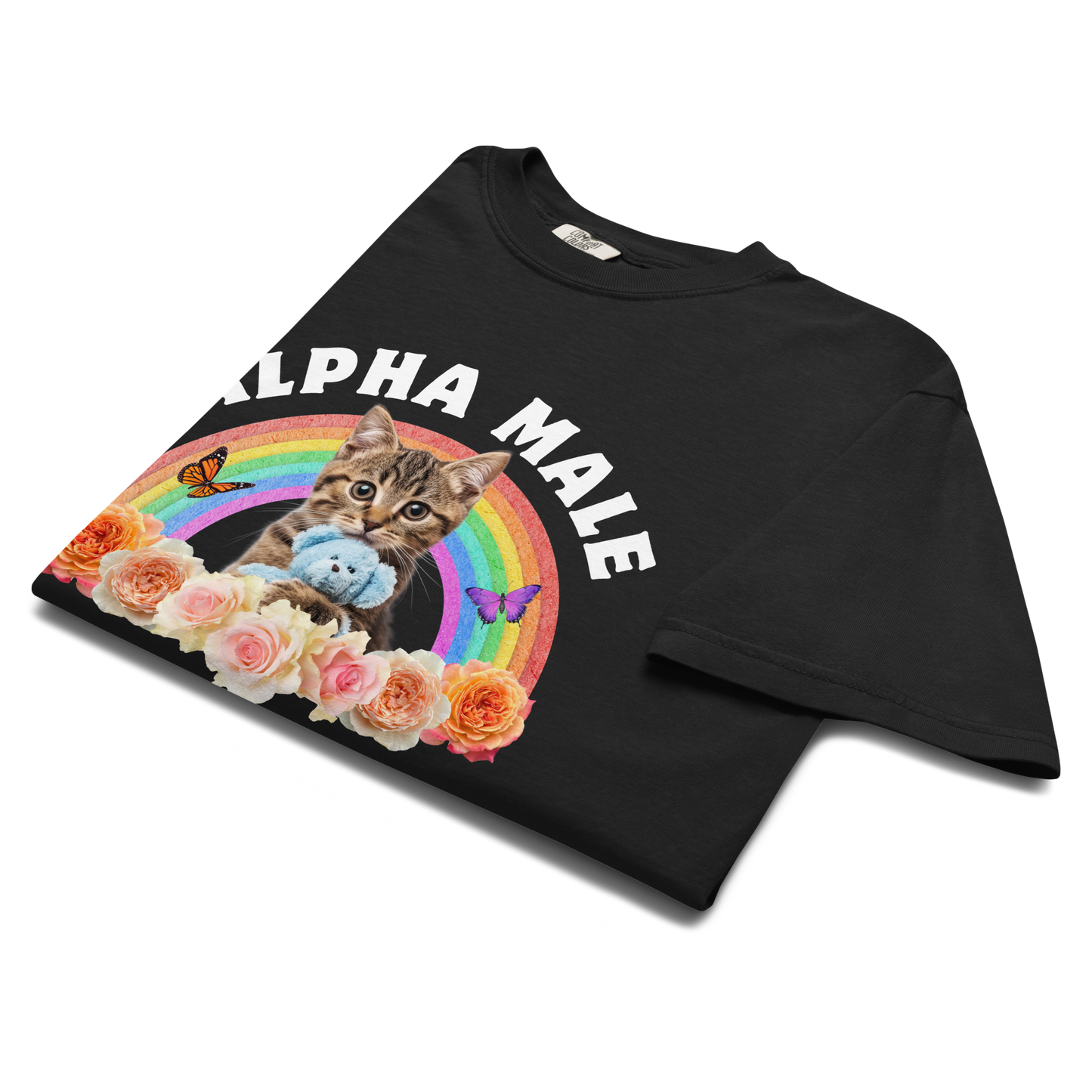 Product details of a Funny Alpha Male Cat rainbow roses heavyweight graphic t-shirt in black by Boozy Fox